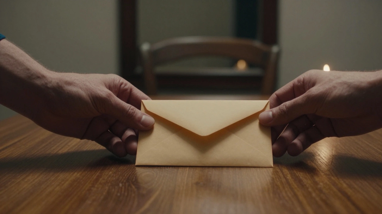 A sealed envelope on a wooden table with a flickering candle, symbolizing silent, unspoken connection.