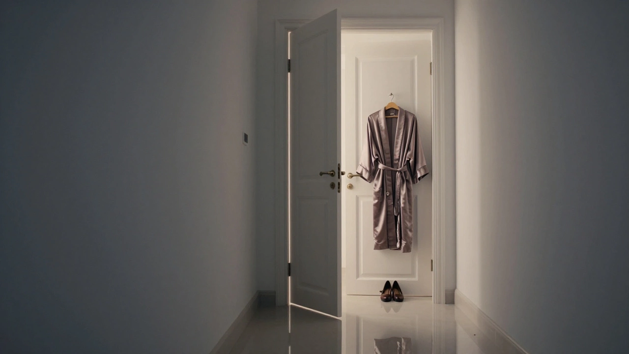 An empty hallway in a luxury Dubai apartment with a robe hanging and shoes neatly placed, evoking quiet departure.