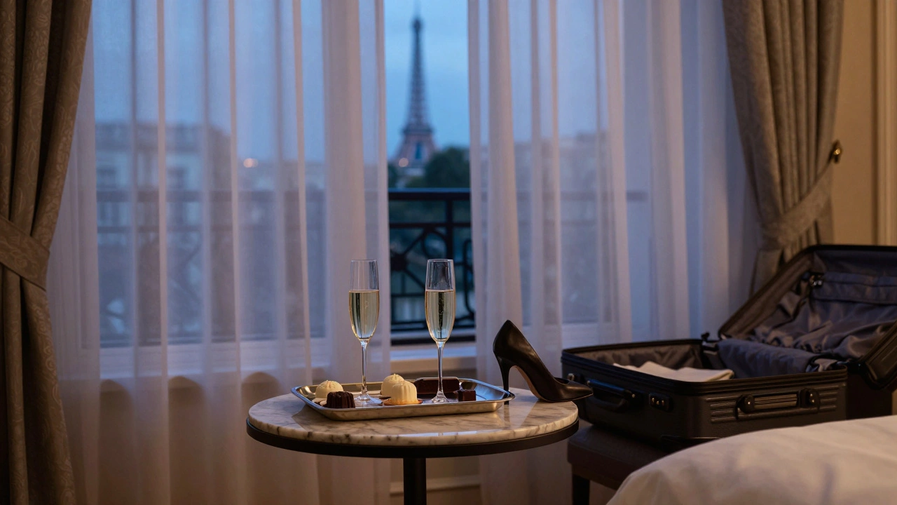 Luxury hotel suite in Paris with champagne tray and open suitcase, no people, twilight ambiance.