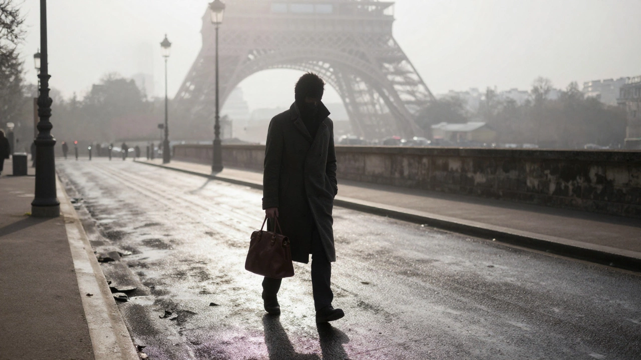 Silhouetted figure walking alone through misty Paris street at dawn, Eiffel Tower faint in distance.